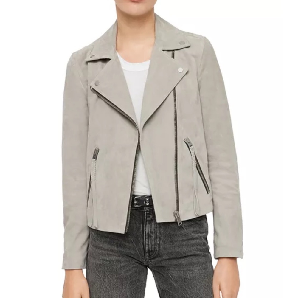 ALLSAINTS X Dalby Suede Biker Jacket Bloomingdale’s Exclusive Light Gray Size 2